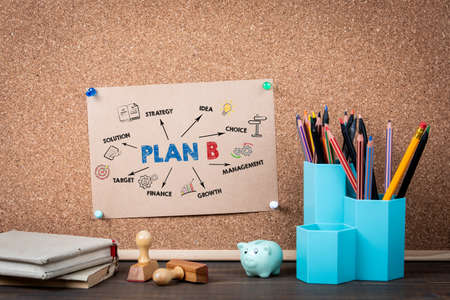 Plan B. Solution, Management, Growth and Target concept. Office with wooden table and cork...