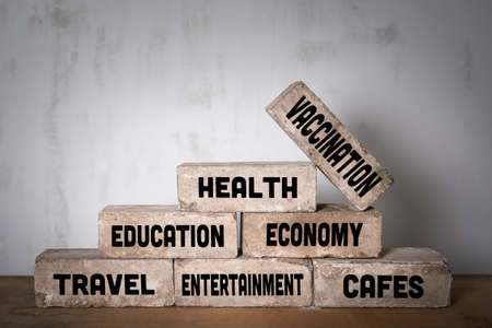 Vaccination. Health, Education and Economy concept. White bricks stacked on a wooden tableの写真素材