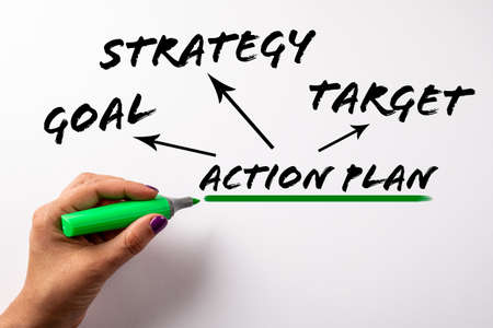 Action Plan, Strategy, Goal and Target concept. Woman hand holding a green marker.の写真素材