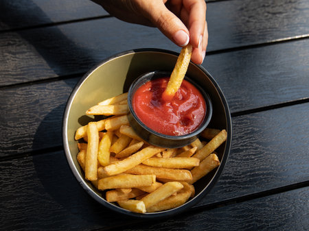 French fries in a bowl and tomato ketchup. Womans hand with polished nails. Cafe and restaurantの写真素材