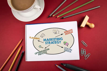 Marketing Strategy. Planning Design Optimization and Social Media concept. Red office deskの写真素材