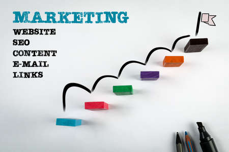 Marketing Digital Planning. Business Solution Concept. Wooden blocks on whiteの写真素材