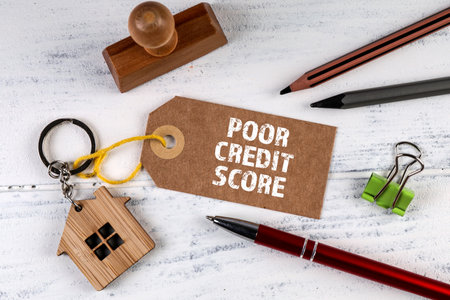 Poor credit score. Cardboard price tag on office deskの写真素材