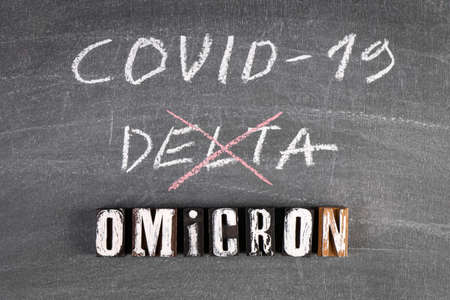 Covid-19 Delta and new Omicron. Black chalk boardの写真素材