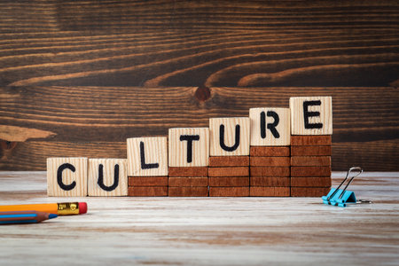 CULTURE. Development concept. Wooden letters on the office deskの写真素材