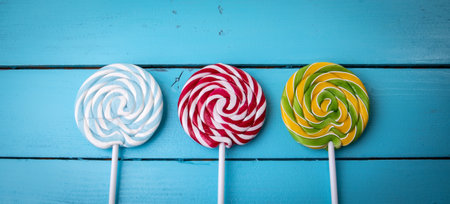 Colorful lollipops on a blue painted wooden backgroundの写真素材