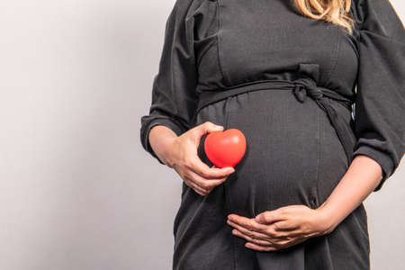 Pregnant woman and red rubber heart in hand. Love, health and life concept