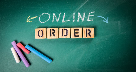 Online Order. Shopping and Delivery concept. Green chalk board backgroundの写真素材