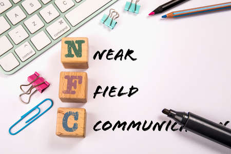 NFC - Near Field Communication. Computer keyboard on a white backgroundの写真素材