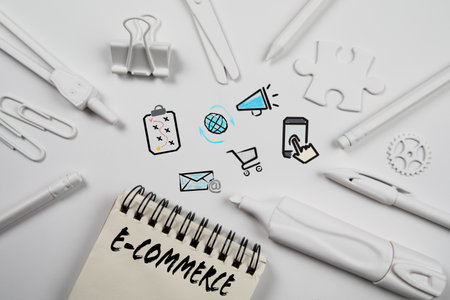 E-Commerce Business Concept. Abstract white office deskの写真素材
