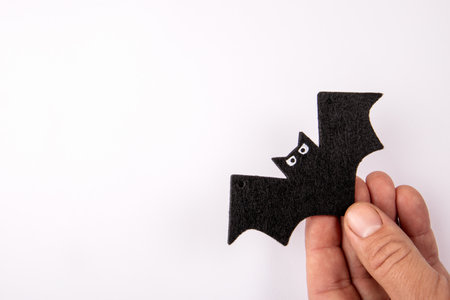 Black decorative bat with eyes in a mans hand on a white backgroundの写真素材