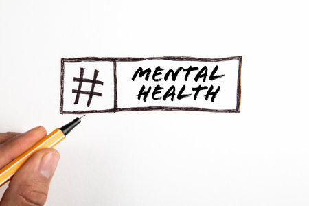 Mental health. Text and hashtag sign on white background