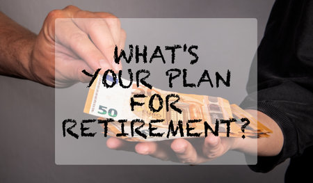 Whats Your Plan For Retirement. Woman and man hands count money, euro moneyの写真素材