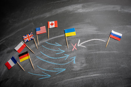 World aid to ukraine concept. Flags on a dark chalkboardの写真素材