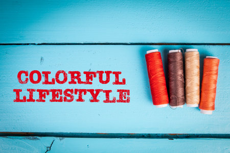 Colorful Lifestyle. Text on blue wood textureの写真素材
