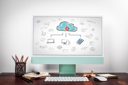 Cloud technology concept. Chart with icons. Computer on the office tableの写真素材