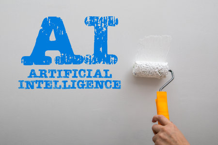 AI. Artificial Intelligence. Paint a white wall with a paint rollerの写真素材