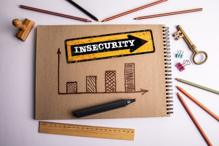 INSECURITY concept. Yellow signpost with text on office deskの写真素材