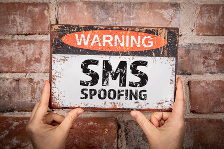 SMS SPOOFING. A woman is holding a warning sign with text. Red brick backgroundの写真素材