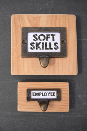Soft Skilss and employee. File cabinet label. Dark gray background