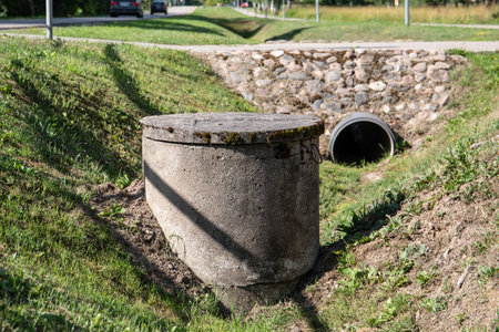 A sewage ditch and a concrete well with a concrete coverの写真素材