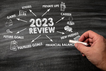 2023 Review concept. Black scratched textured chalkboard backgroundの写真素材