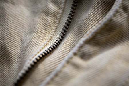 Zipper for pants. Denim fabric close-up, distinct texture