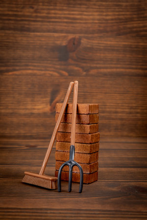 Garden tools on wood texture background. Spring workの写真素材