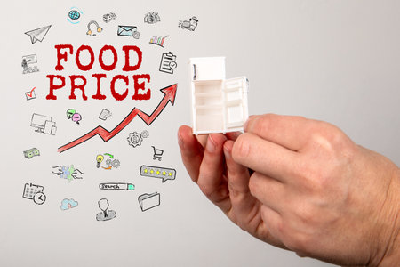 Food Price Concept. Miniature refrigerator in hands on a white backgroundの写真素材