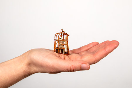 Depression and the concept of captivity. A miniature human figure in a birdcageの写真素材