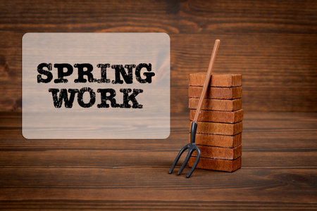 Spring Work Concept. Miniature gardening fork on wood texture background