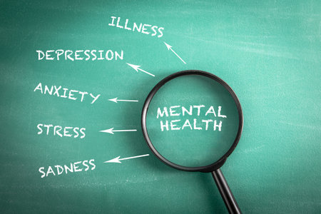 Mental Health. Magnifying glass on green school blackboard backgroundの写真素材