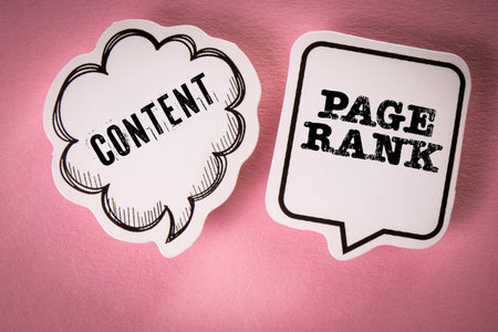 Conctent and Page Rank. Two speech bubbles with text on a pink background