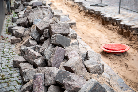 Pedestrian sidewalk repair. Paving works and utilitiesの写真素材
