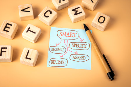 SMART Concept. Specific Measurable Agreed Realistic. Notepad and wooden alphabet letters on a light backgroundの写真素材