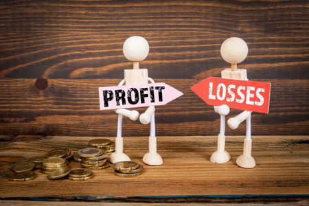 Profit and Losses Concept. Pointing arrows with text. Miniature human figures