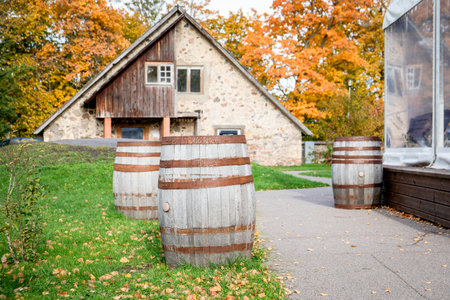 Cafe tables from old beer barrels. Sunny autumn day