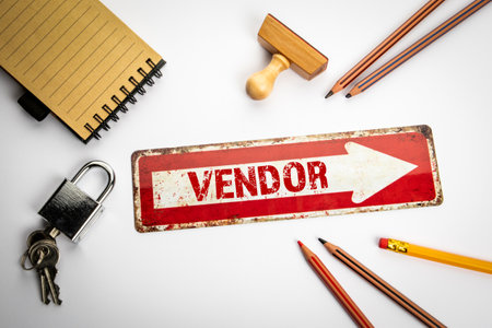 Vendor. Red direction arrow with text on white office deskの写真素材