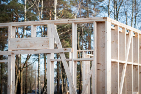 Wooden structures close-up. Construction of a wooden frame private house