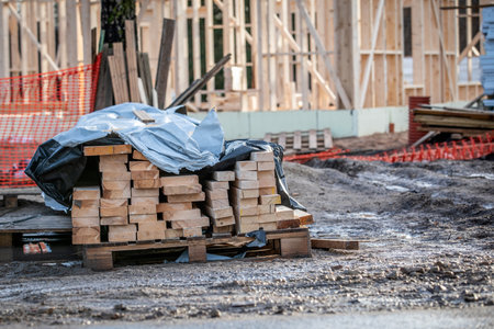 Wooden building materials on a wooden pallet at a construction site