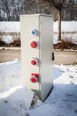 Outdoor Electrical Power Distribution Box with Industrial Plugs in a Snowy Landscapeの写真素材