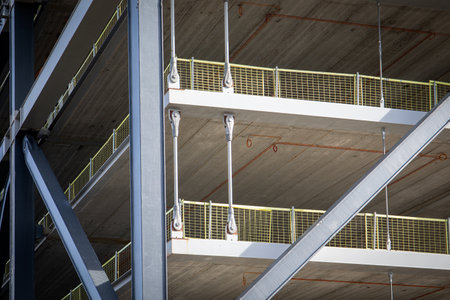 Close-up of Construction Steel Frame and Guardrail with Concrete Floor