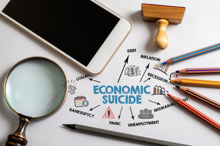 ECONOMIC SUICIDE Concept. Chart and illustration on a white office desk