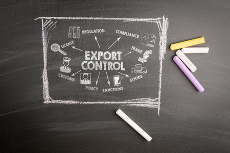 Export Control Concept. Illustration with icons, keywords and arrows