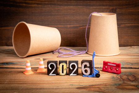 2026. Communication Strategy Planning Concept. Paper Cup Phone on Wooden Backgroundの写真素材