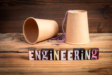 Engineering Concept with Paper Cup String Phone on Wooden Backgroundの写真素材