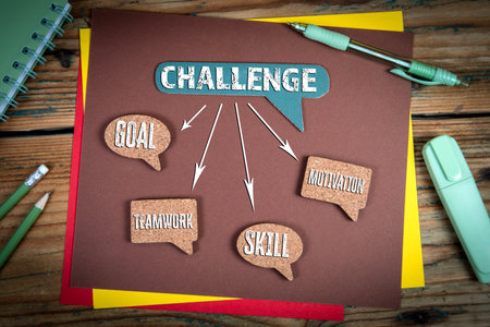 Challenge Concept Diagram with Arrows Pointing to Goal, Skill, Teamwork, and Motivation on Deskの写真素材