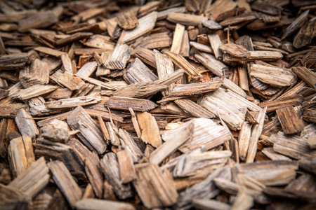 Close-Up of Natural Wooden Mulch Texture for Landscaping, Gardening, or Biofuel Conceptsの写真素材