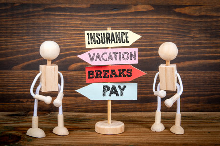 Employee Benefits Concept with Wooden Figures and Colorful Signs Showing Insurance, Vacation,...