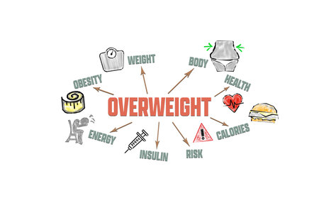 OVERWEIGHT Concept. Illustration with icons, keywords and arrowsの写真素材